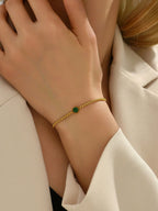 1pc 18K Gold Plated Stainless Steel Jewelry Green Stone Bracelet, Lucky Bracelet Suitable For Women Daily Wear Minimalist Gift, Sister Gifts