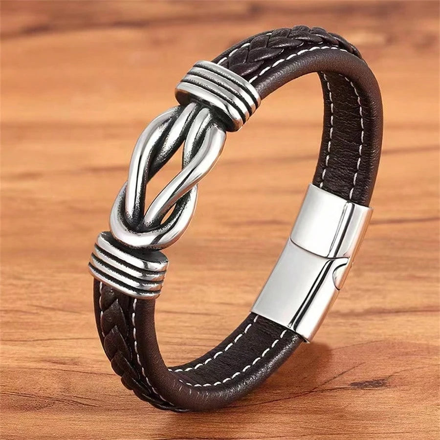 Fashion Accessories, Stylish Handmade European & American Punk Style Two-tone Pu Leather Bracelet For Men With Stainless Steel Magnetic Clasp
