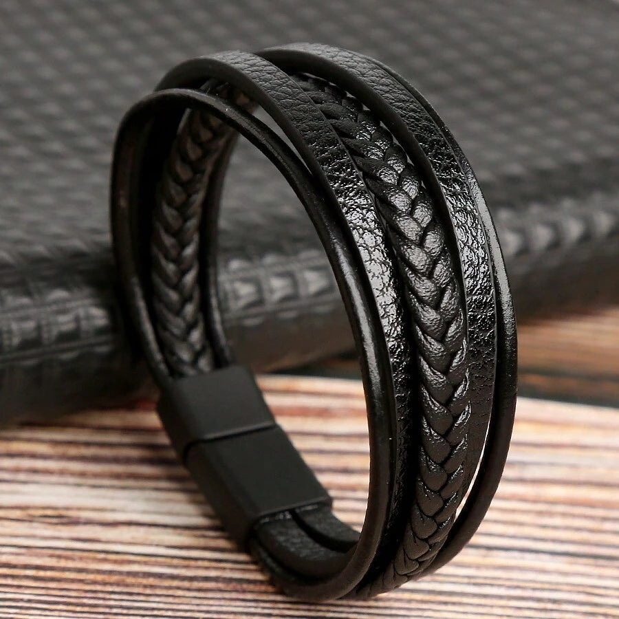 Multi-Layer Leather Bracelet For Men, Fashion Handmade Braided Zinc Alloy Magnetic Clasp Casual Leather Wrist Band