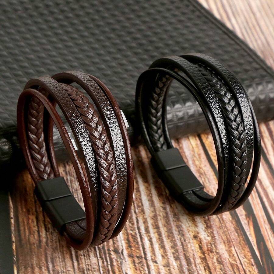 Multi-Layer Leather Bracelet For Men, Fashion Handmade Braided Zinc Alloy Magnetic Clasp Casual Leather Wrist Band