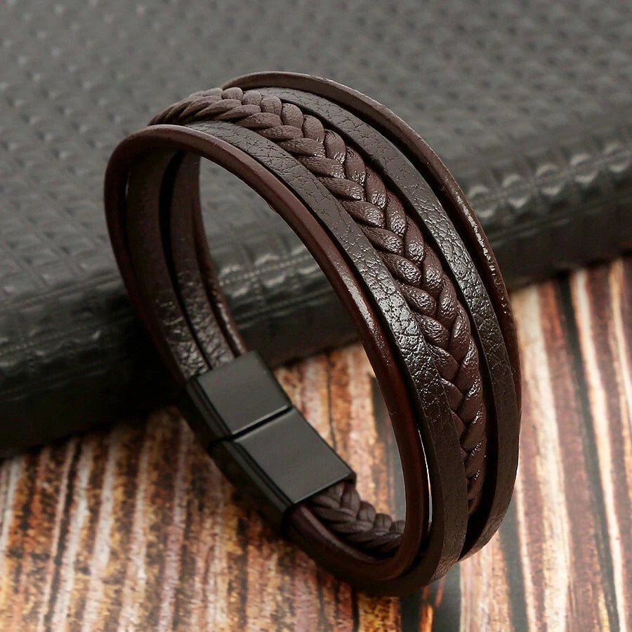 Multi-Layer Leather Bracelet For Men, Fashion Handmade Braided Zinc Alloy Magnetic Clasp Casual Leather Wrist Band