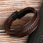 Multi-Layer Leather Bracelet For Men, Fashion Handmade Braided Zinc Alloy Magnetic Clasp Casual Leather Wrist Band