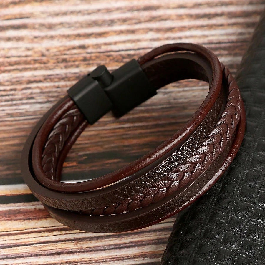 Multi-Layer Leather Bracelet For Men, Fashion Handmade Braided Zinc Alloy Magnetic Clasp Casual Leather Wrist Band