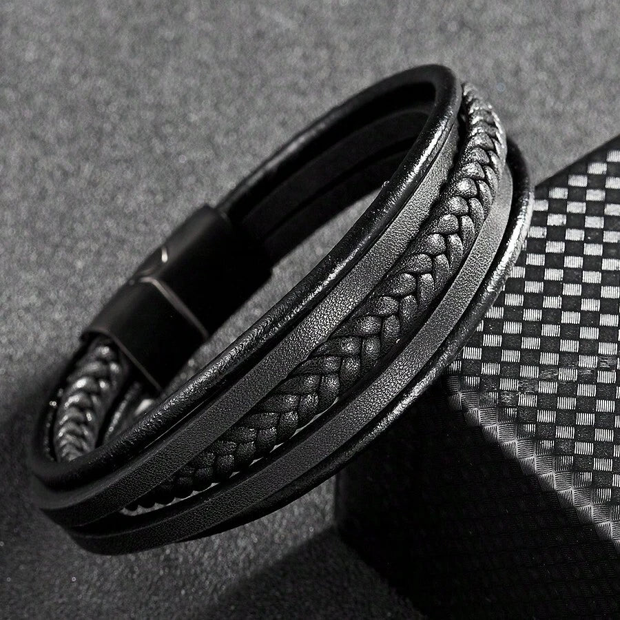 Multi-Layer Leather Bracelet For Men, Fashion Handmade Braided Zinc Alloy Magnetic Clasp Casual Leather Wrist Band