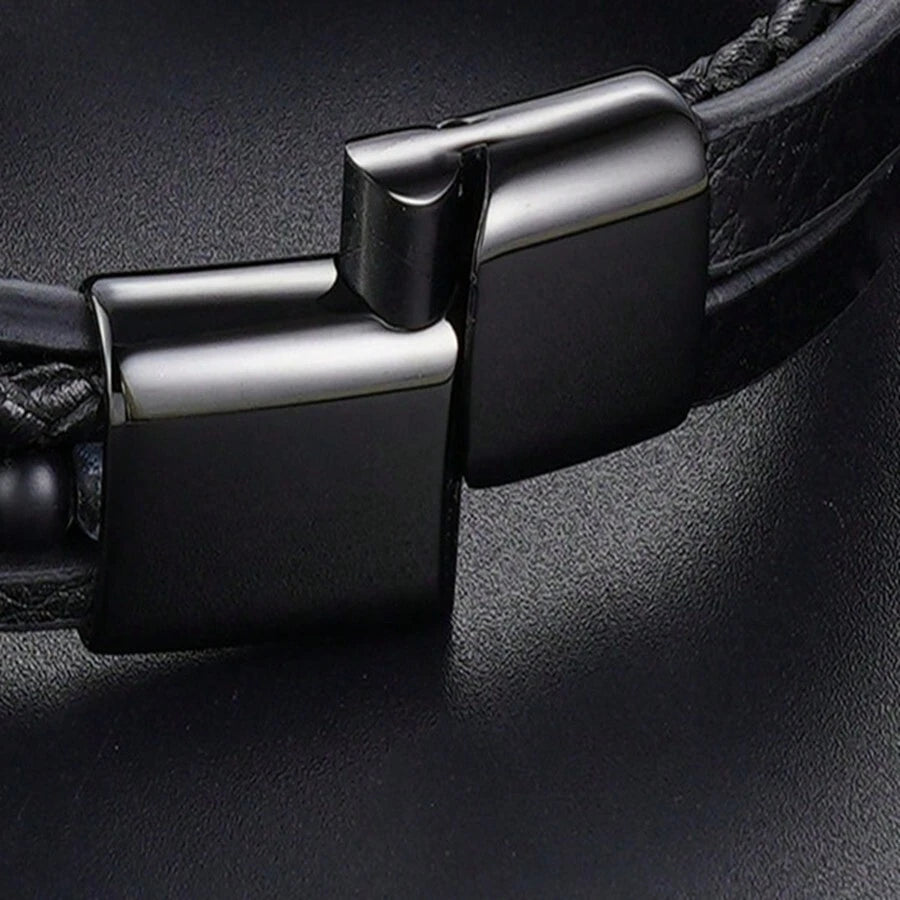 Multi-Layer Leather Bracelet For Men, Fashion Handmade Braided Zinc Alloy Magnetic Clasp Casual Leather Wrist Band