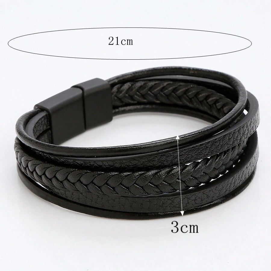 Multi-Layer Leather Bracelet For Men, Fashion Handmade Braided Zinc Alloy Magnetic Clasp Casual Leather Wrist Band