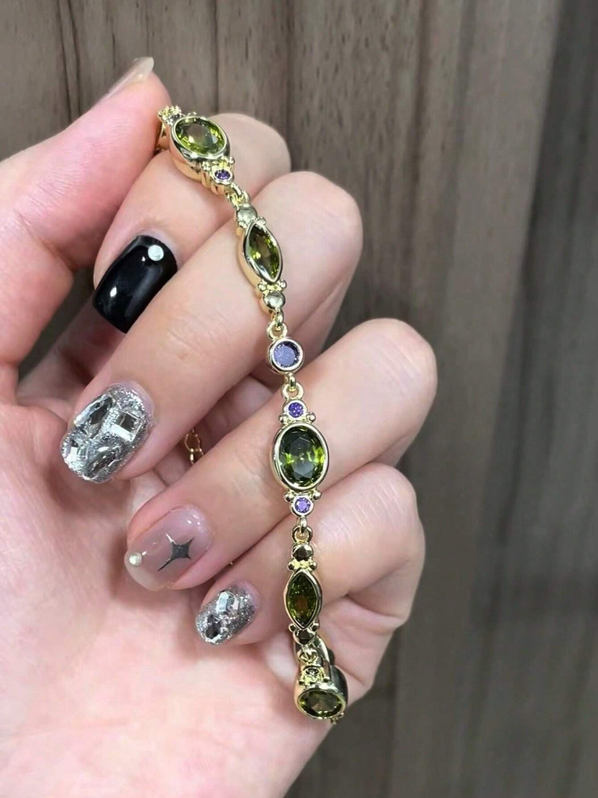 Vintage Olive Green Crystal Bracelet For Women Gold Tone Synthetic Peridot Marquise Oval Stone Chain Bohemian Fairycore Aesthetic Elegant Jewelry Gift