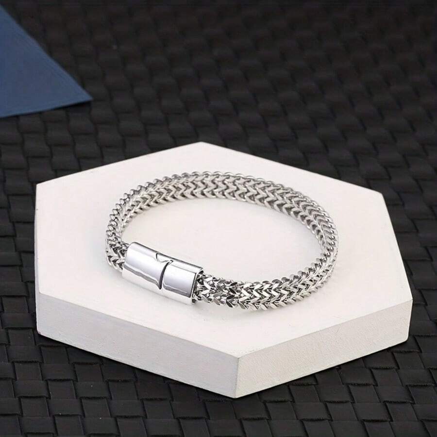 1pc Men's Stainless Steel Woven Bracelet With Magnetic Clasp, Father's Day Gift Jewelry