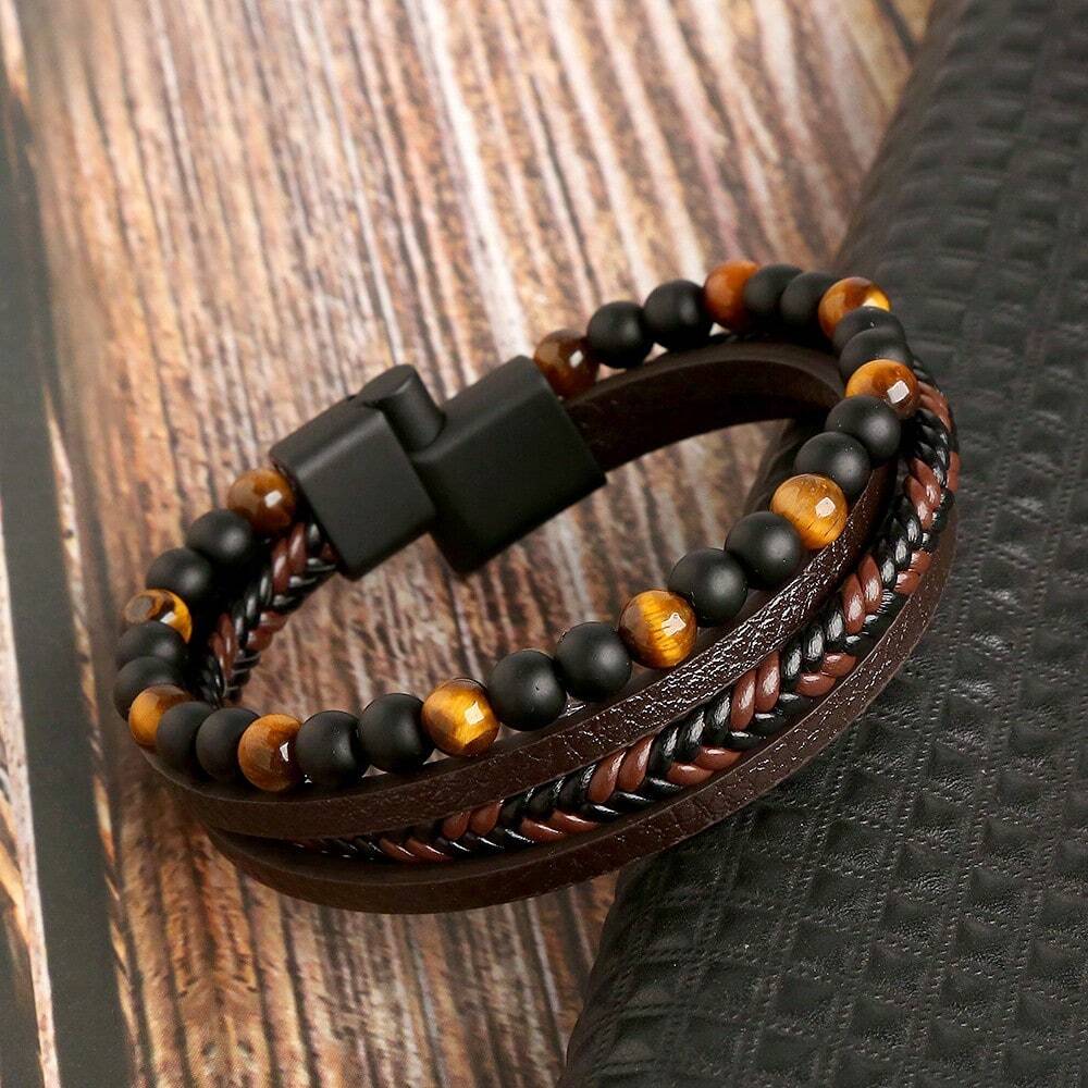 Handmade Woven Bracelet For Men, Stainless Steel Bangle With Natural Obsidian Beads Ornament