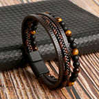 Handmade Woven Bracelet For Men, Stainless Steel Bangle With Natural Obsidian Beads Ornament