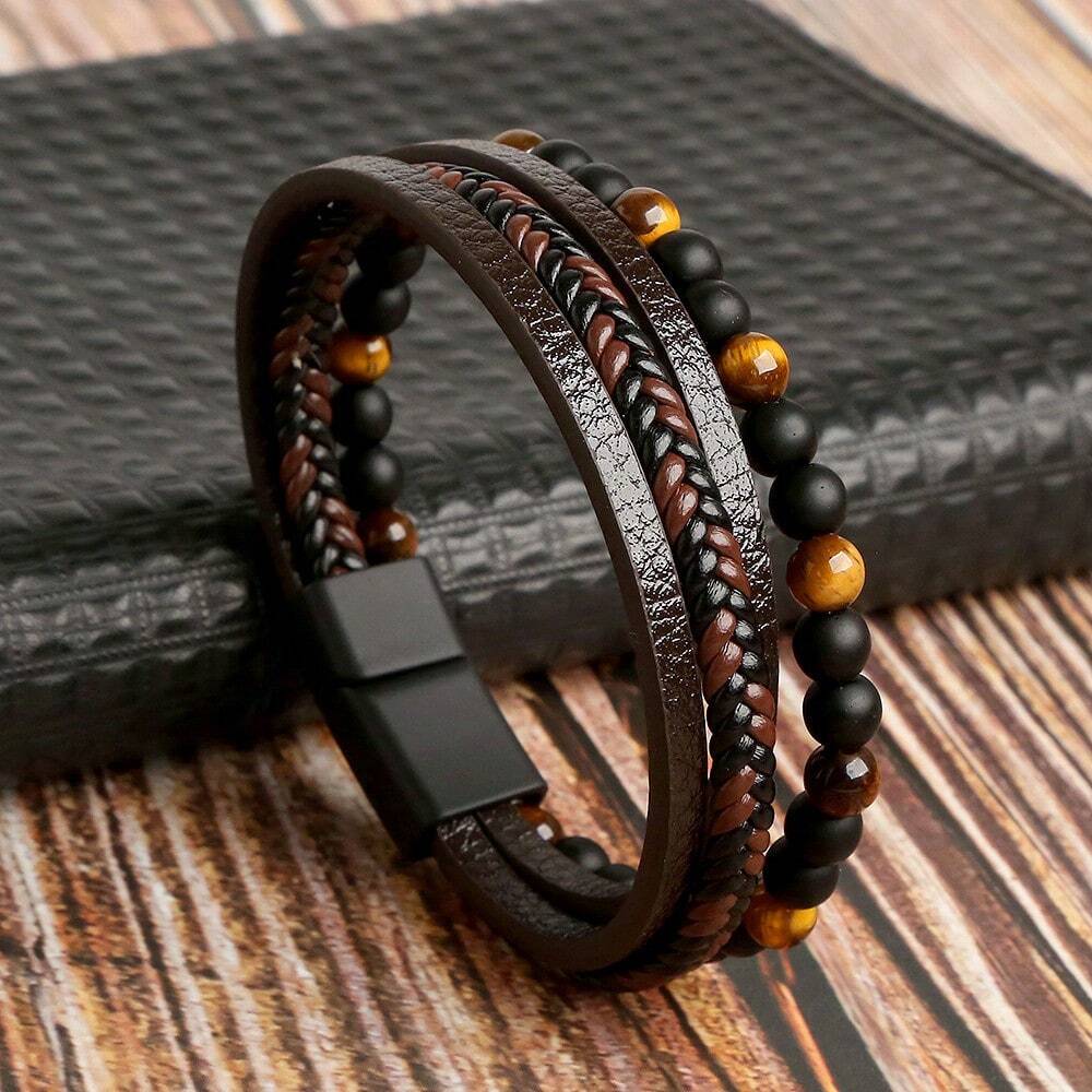 Handmade Woven Bracelet For Men, Stainless Steel Bangle With Natural Obsidian Beads Ornament