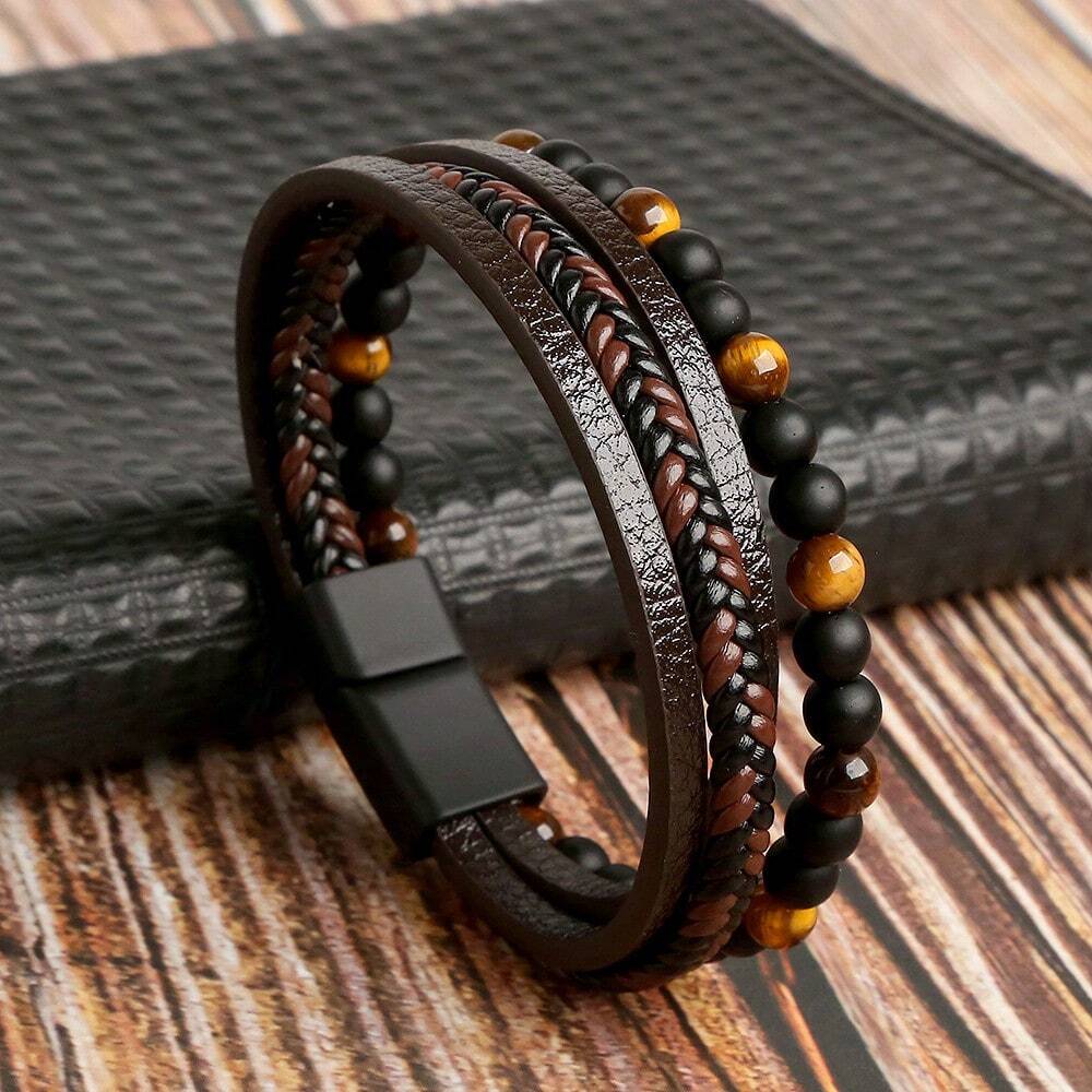Handmade Woven Bracelet For Men, Stainless Steel Bangle With Natural Obsidian Beads Ornament