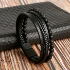Handmade Woven Bracelet For Men, Stainless Steel Bangle With Natural Obsidian Beads Ornament