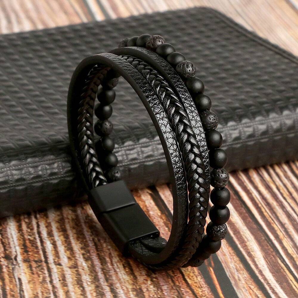Handmade Woven Bracelet For Men, Stainless Steel Bangle With Natural Obsidian Beads Ornament