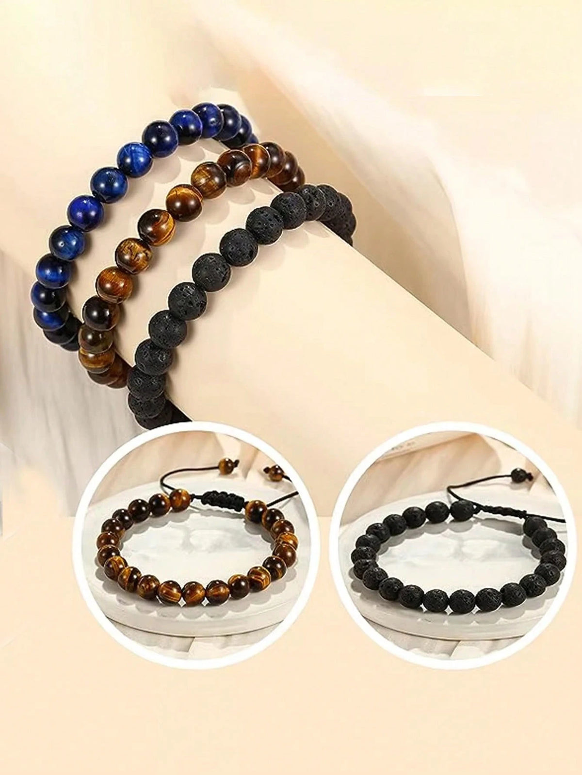 8mm Tiger Eye Stone Beads Bracelet Adjustable Braided Rope Bangles Black Agate Lava Rock Men Women Yoga Healing Balance Fashion Jewelry, Protection, Courage, Focus