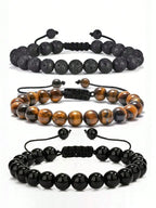 8mm Tiger Eye Stone Beads Bracelet Adjustable Braided Rope Bangles Black Agate Lava Rock Men Women Yoga Healing Balance Fashion Jewelry, Protection, Courage, Focus