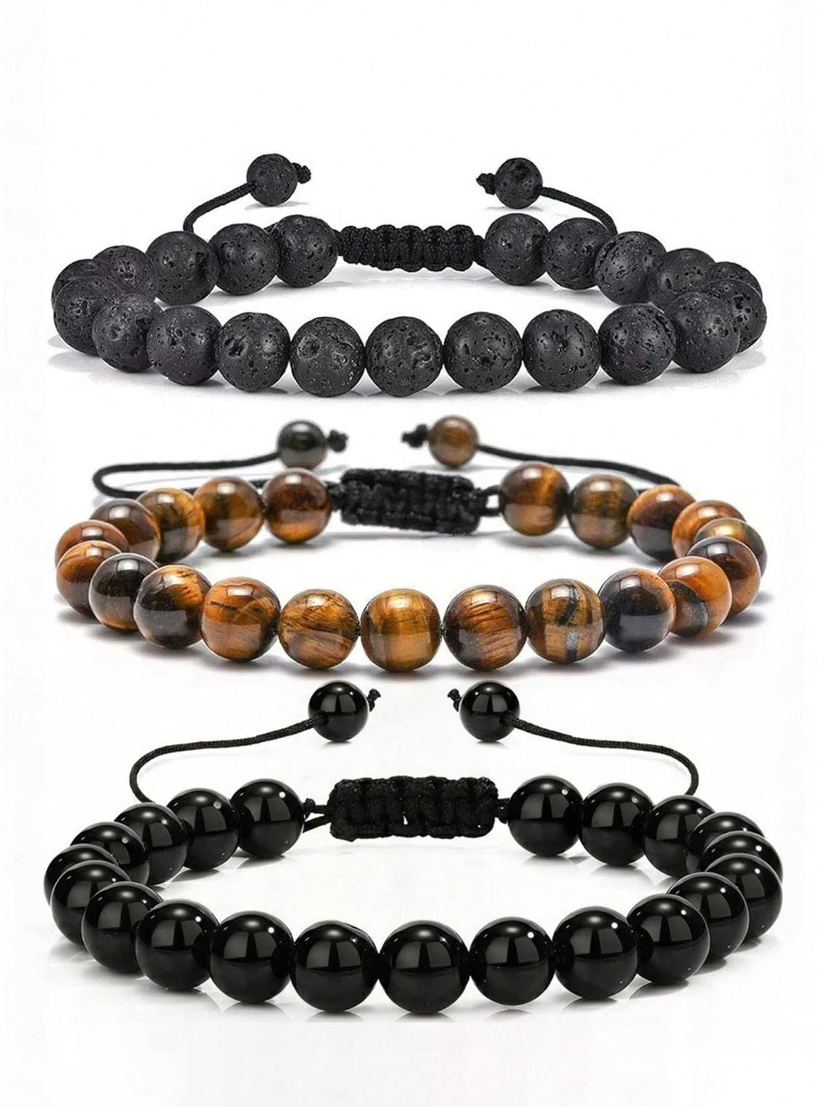 8mm Tiger Eye Stone Beads Bracelet Adjustable Braided Rope Bangles Black Agate Lava Rock Men Women Yoga Healing Balance Fashion Jewelry, Protection, Courage, Focus