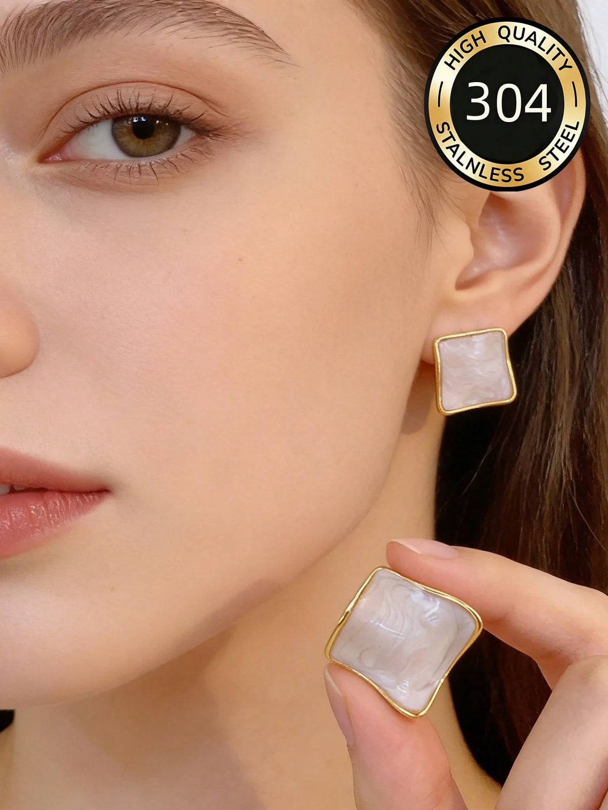 Irregular Geometric Square Earrings White Enamel Gold Plated Stainless Steel Fashion Studs
