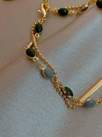 1pc Elegant Vintage Double-Layer Chain Bracelet For Women, Gold Bead Chain Bracelet, Contrasting Enamel Oval Chain Bracelet For Women