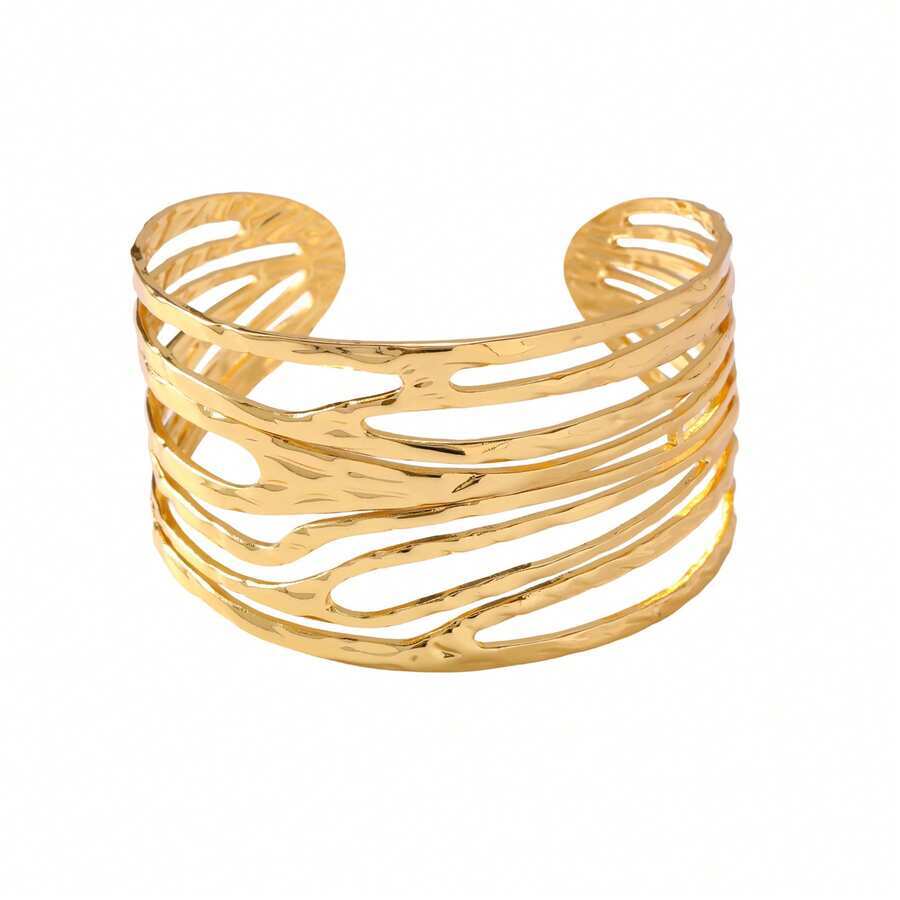 1pc Exaggerated 304 Stainless Steel Women's Bracelet, Asymmetrical Geometric Line , Gold Tone Adjustable Size,