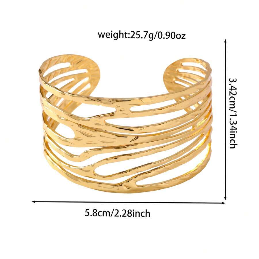 1pc Exaggerated 304 Stainless Steel Women's Bracelet, Asymmetrical Geometric Line , Gold Tone Adjustable Size,