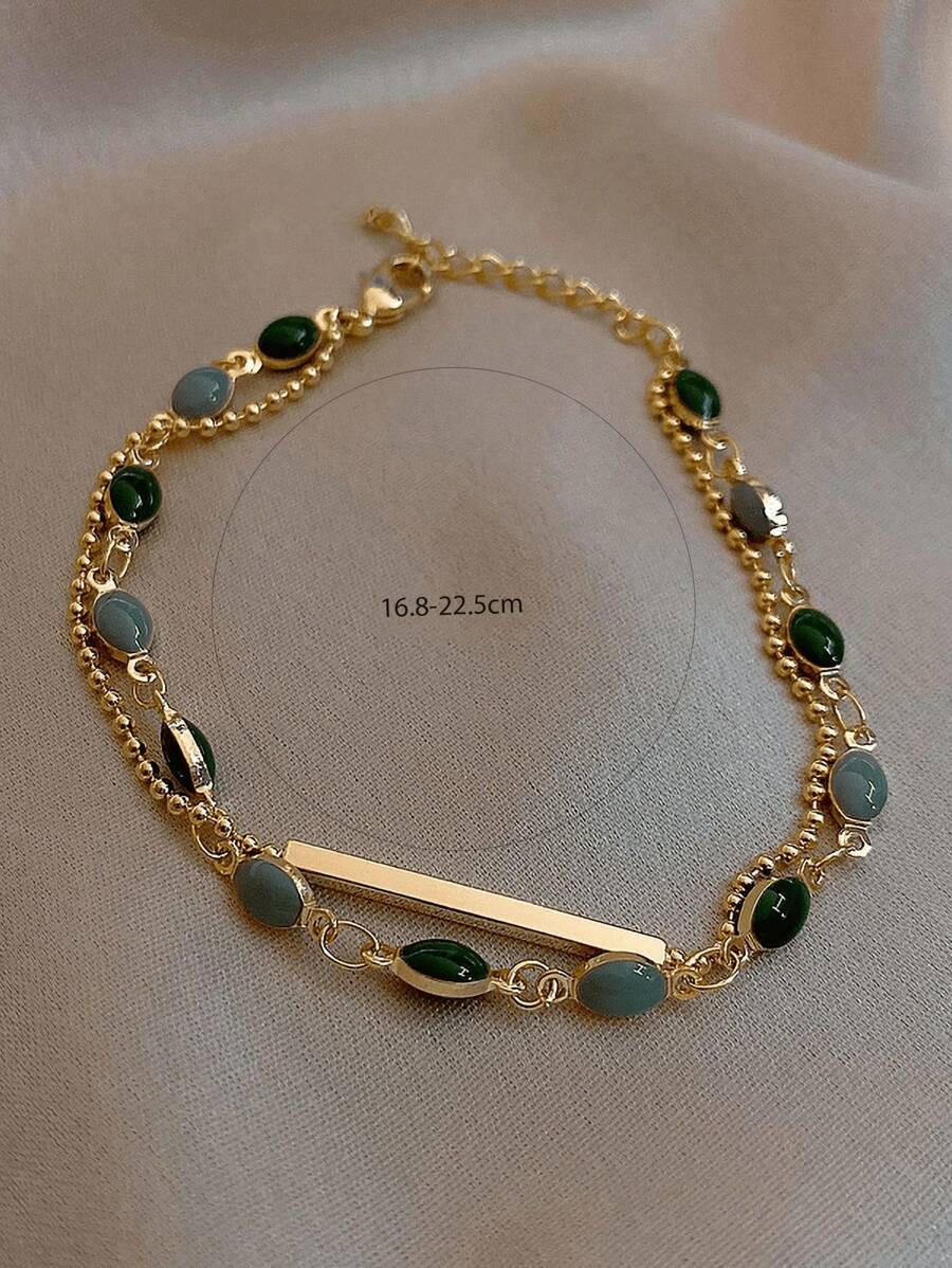 1pc Elegant Vintage Double-Layer Chain Bracelet For Women, Gold Bead Chain Bracelet, Contrasting Enamel Oval Chain Bracelet For Women