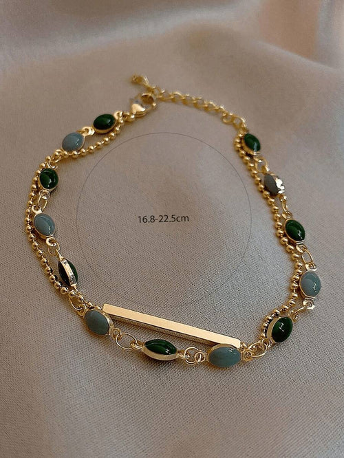 1pc Elegant Vintage Double-Layer Chain Bracelet For Women, Gold Bead Chain Bracelet, Contrasting Enamel Oval Chain Bracelet For Women