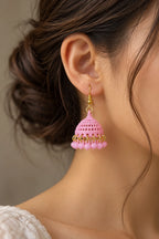 Blush Pink Bell Dome Earrings with Dangling Bead Fringe