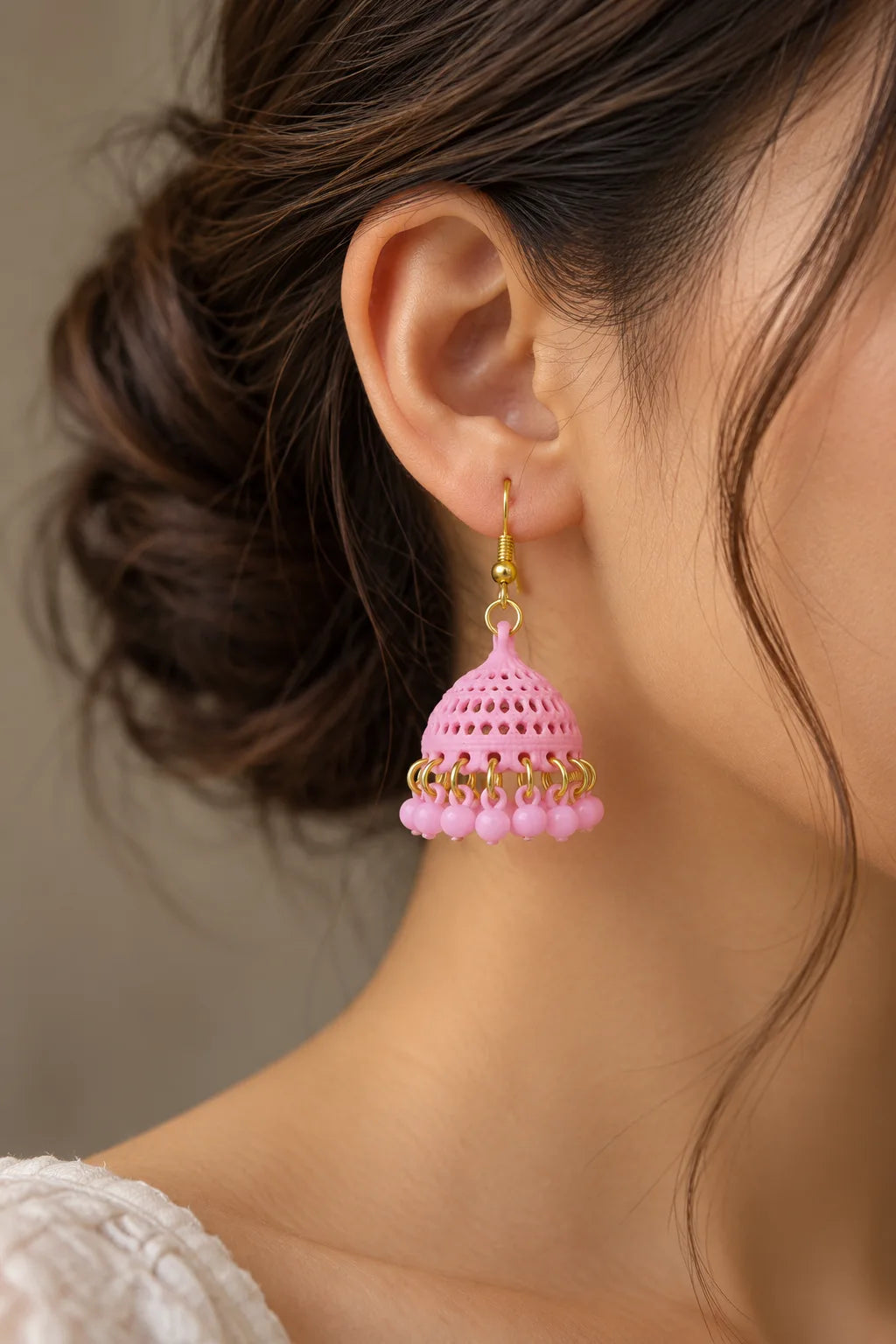 Blush Pink Bell Dome Earrings with Dangling Bead Fringe