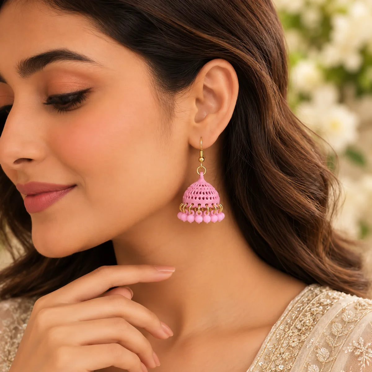 Blush Pink Bell Dome Earrings with Dangling Bead Fringe