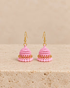 Blush Pink Bell Dome Earrings with Dangling Bead Fringe