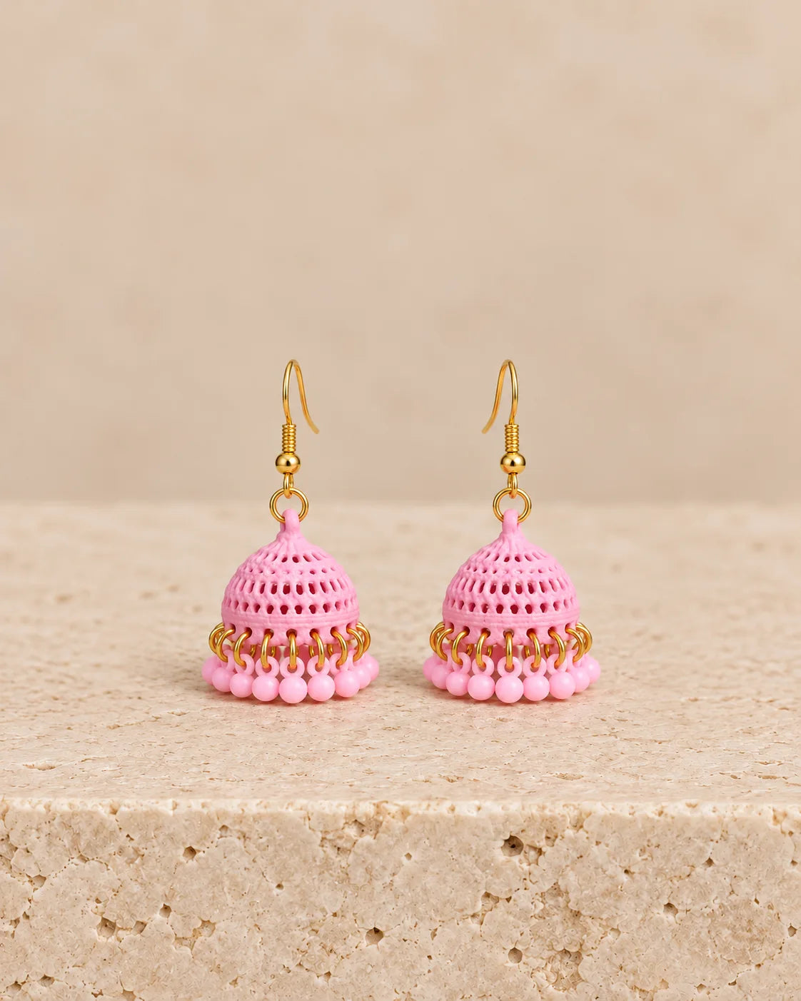 Blush Pink Bell Dome Earrings with Dangling Bead Fringe