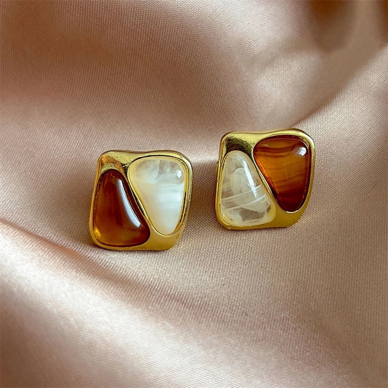 Amber & Pearl Gold Stud Earrings – Geometric Statement Earrings for Women