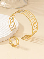 1pc Fashion Iron Hollow Out Cuff Bangle & 1pc Cuff Ring For Women For Gift
