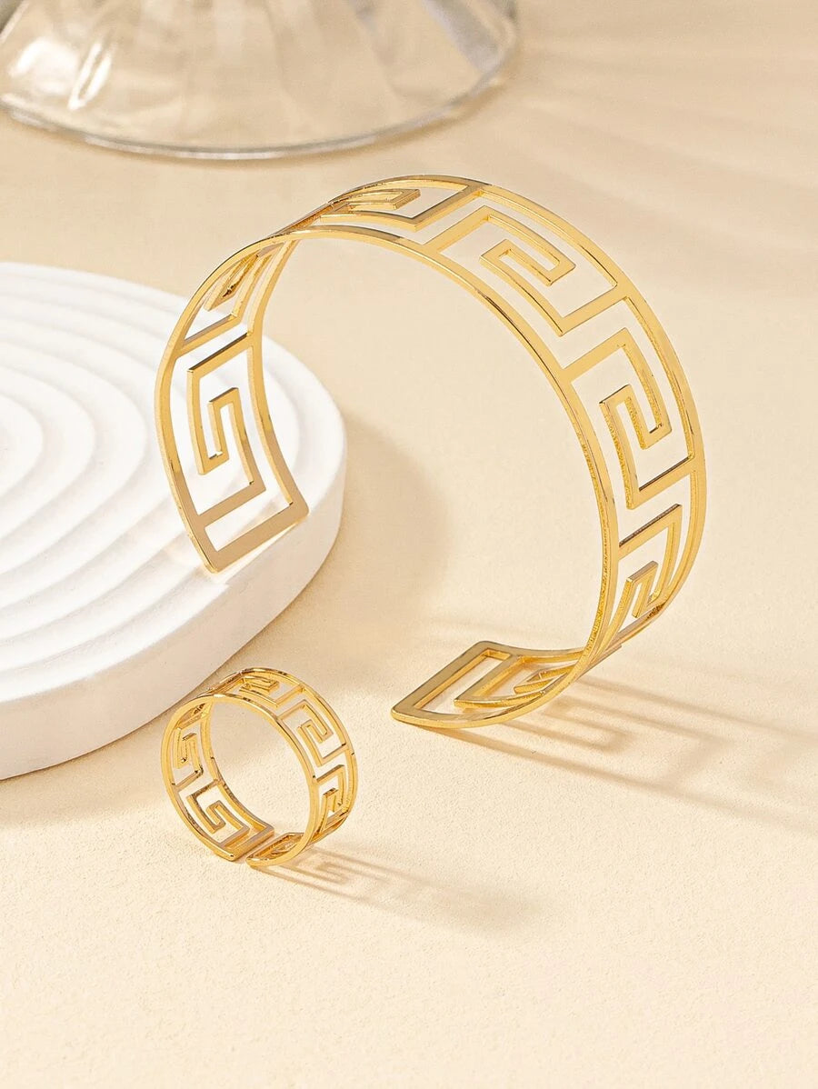 1pc Fashion Iron Hollow Out Cuff Bangle & 1pc Cuff Ring For Women For Gift