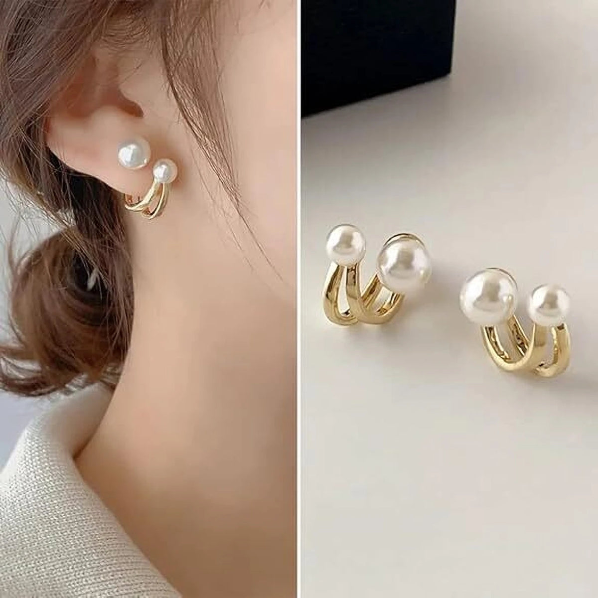 Double Pearl Gold Hoop Stud Earrings for Women