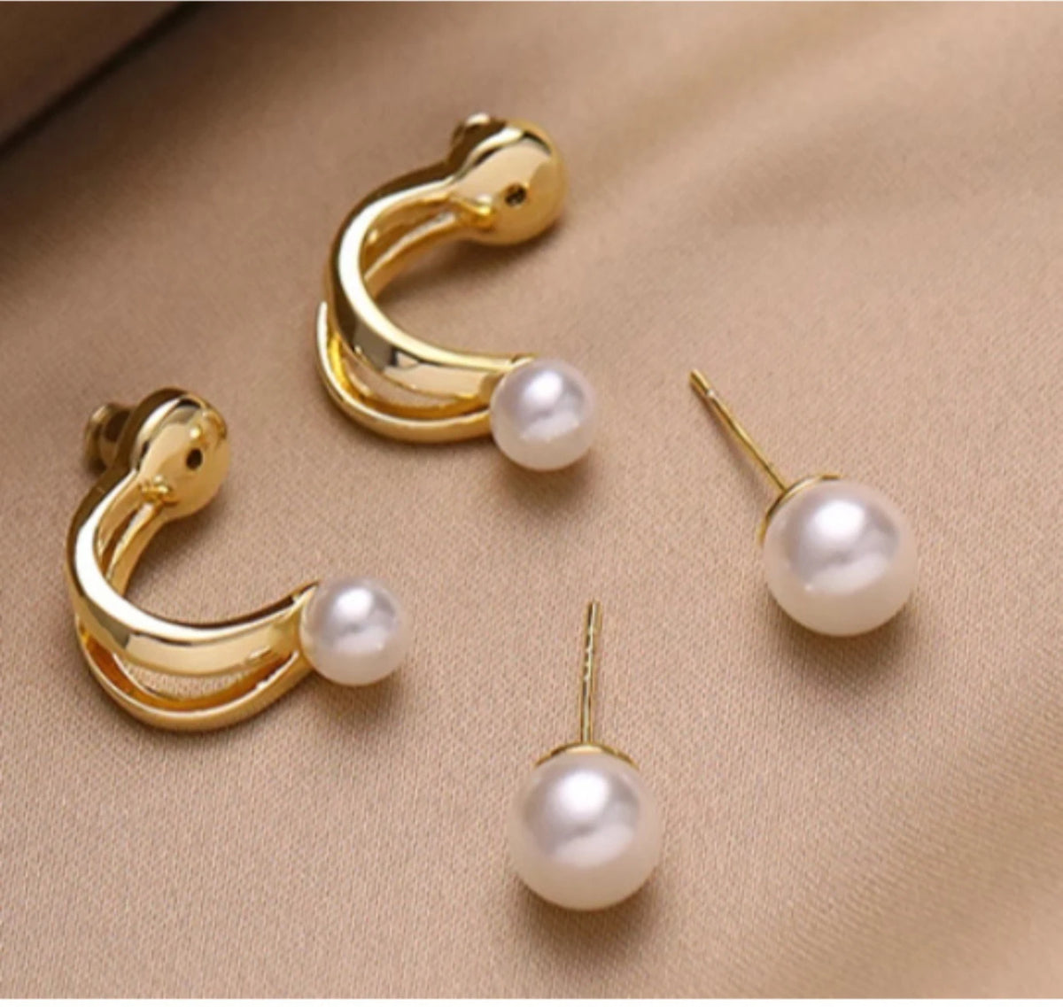Double Pearl Gold Hoop Stud Earrings for Women