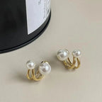 Double Pearl Gold Hoop Stud Earrings for Women
