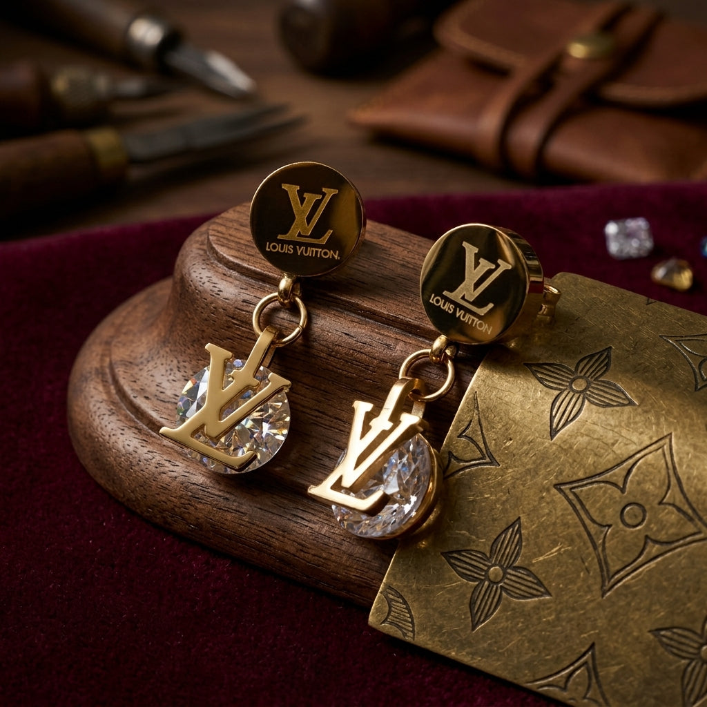 Gold Crystal Monogram Drop Earrings