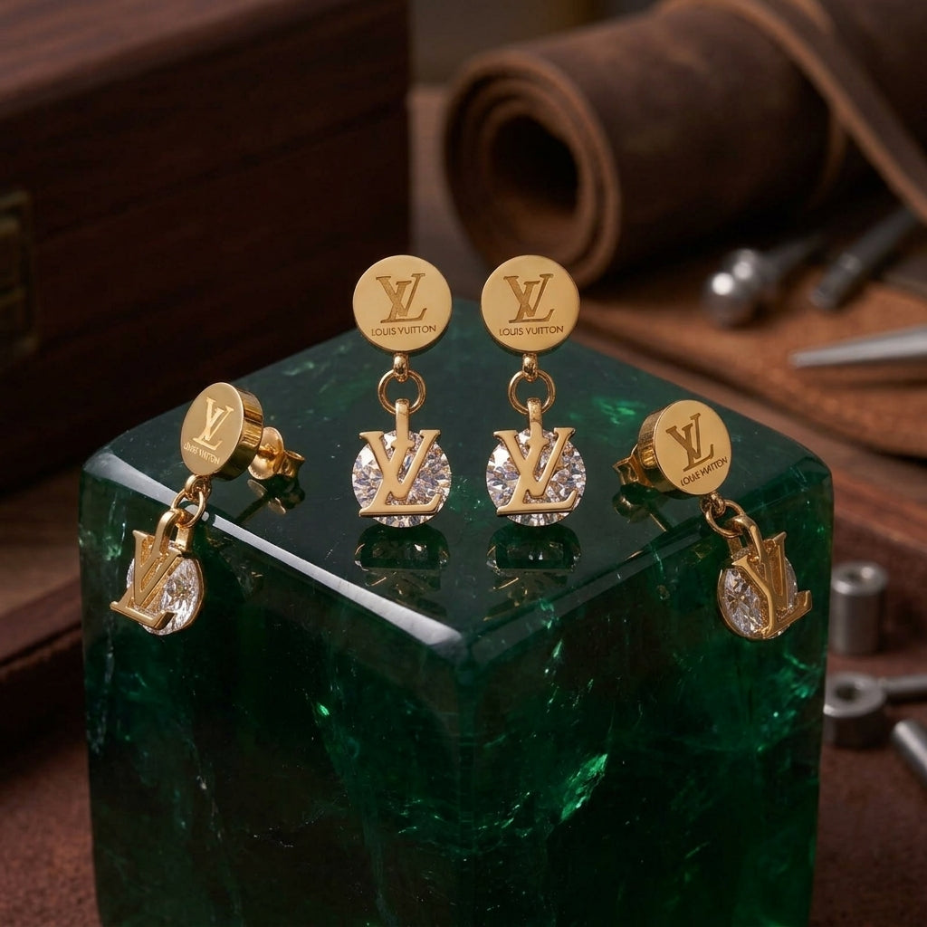 Gold Crystal Monogram Drop Earrings