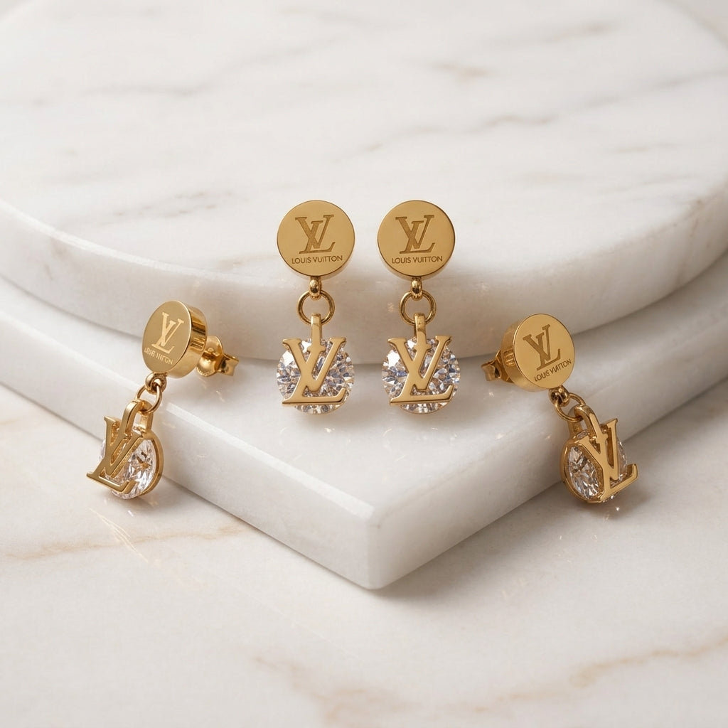 Gold Crystal Monogram Drop Earrings