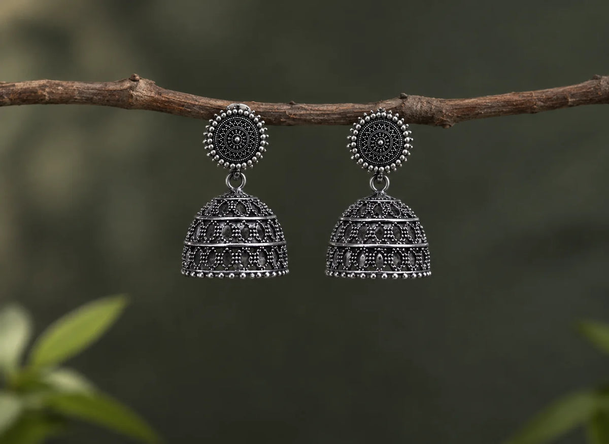 Oxidized Silver Jhumka Earrings