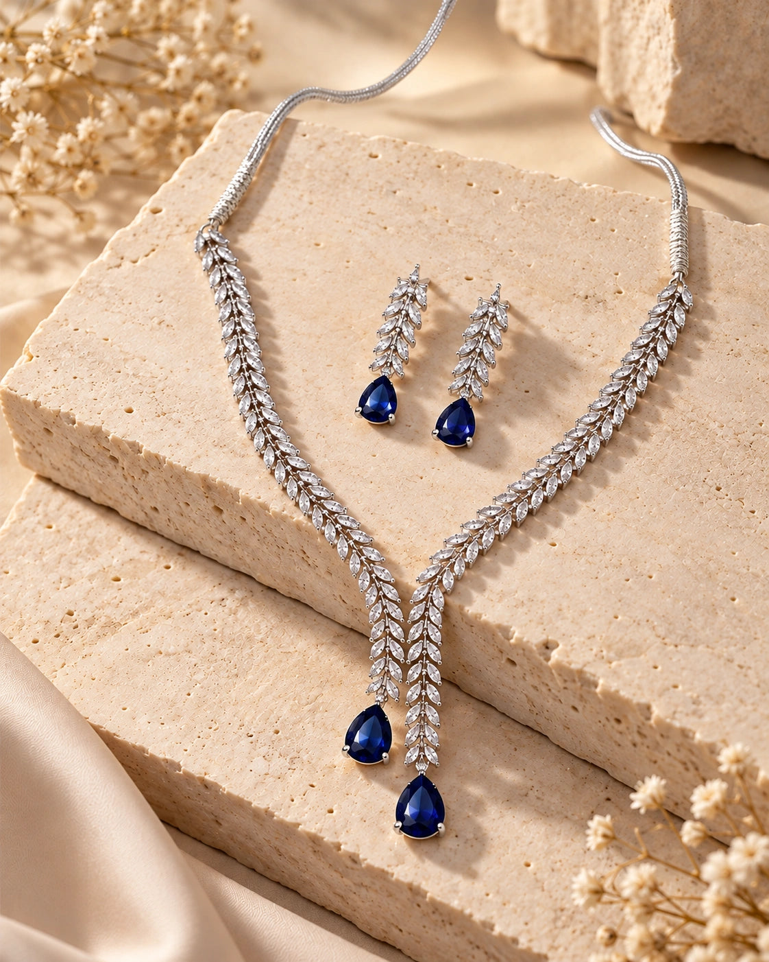 Elegant Blue Teardrop Leaf Necklace Set with Matching Earrings
