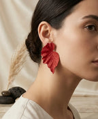 Elegant Red Textured Leaf Drop Earrings for Women – Statement Jewelry