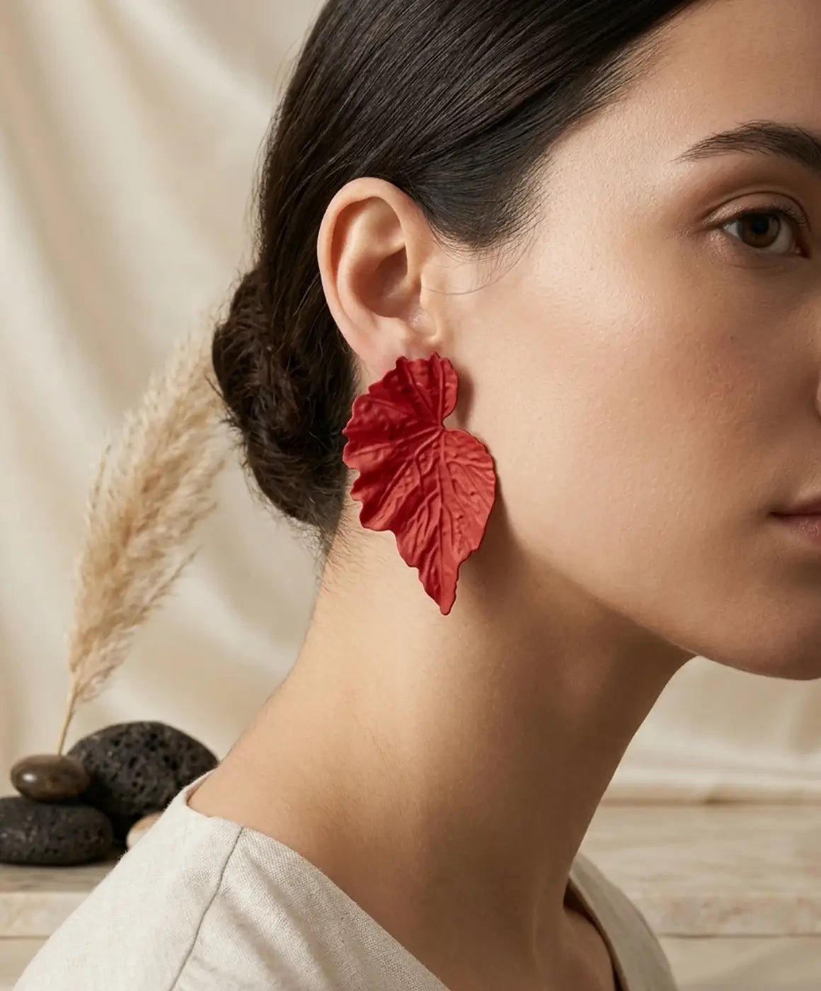 Elegant Red Textured Leaf Drop Earrings for Women – Statement Jewelry
