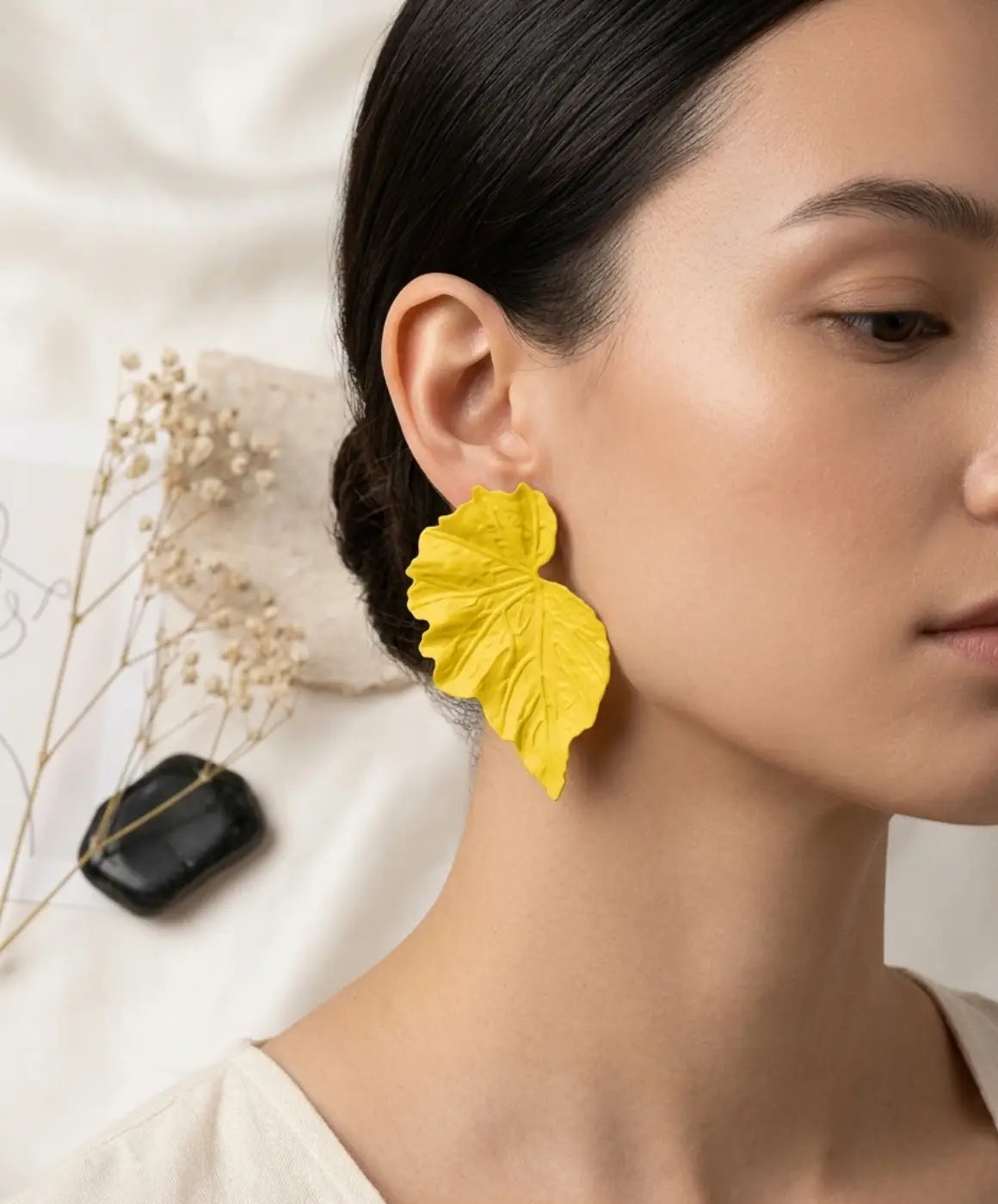 Elegant Yellow Leaf Drop Earrings for Women – Textured Statement Jewelry