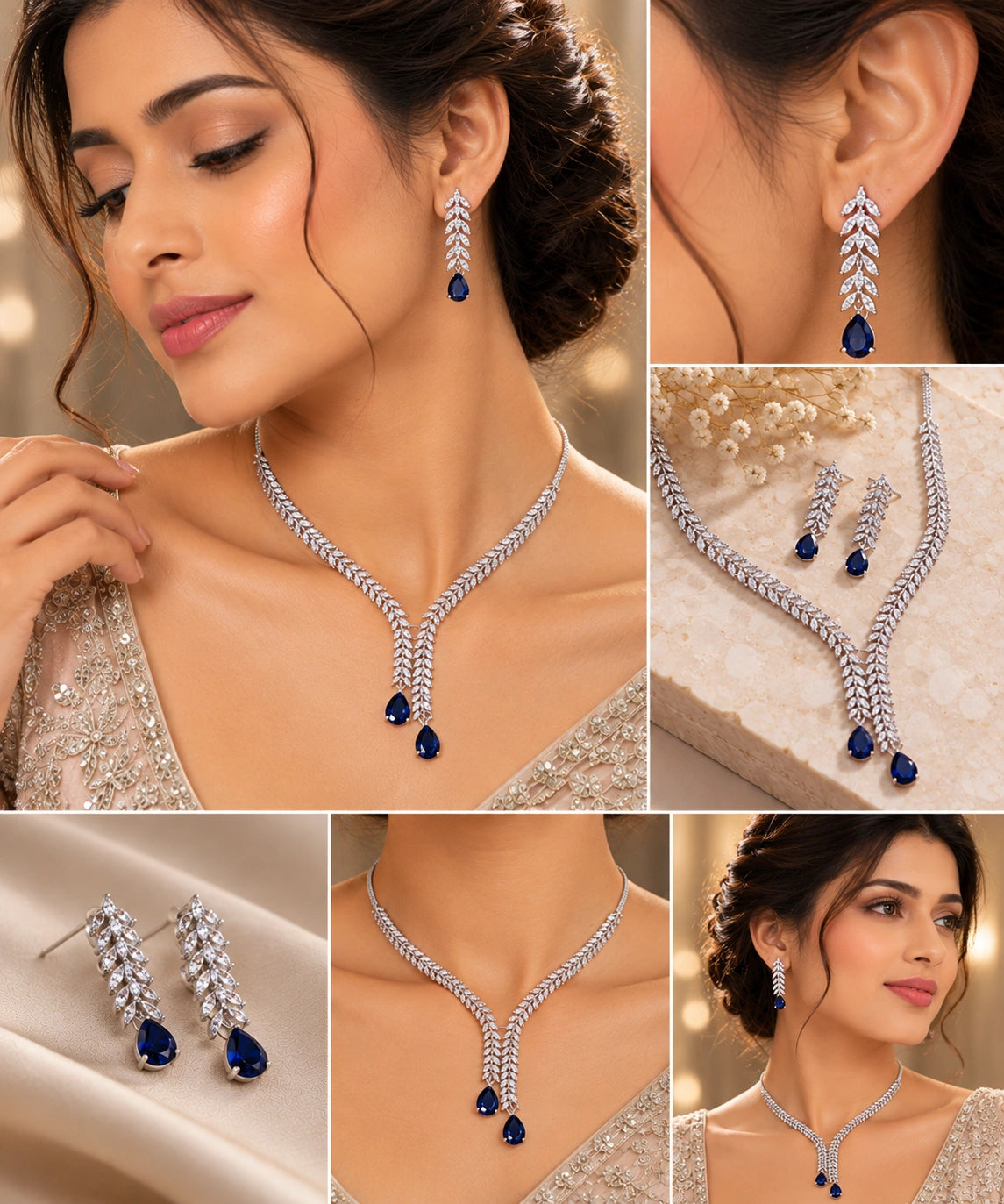 Elegant Blue Teardrop Leaf Necklace Set with Matching Earrings