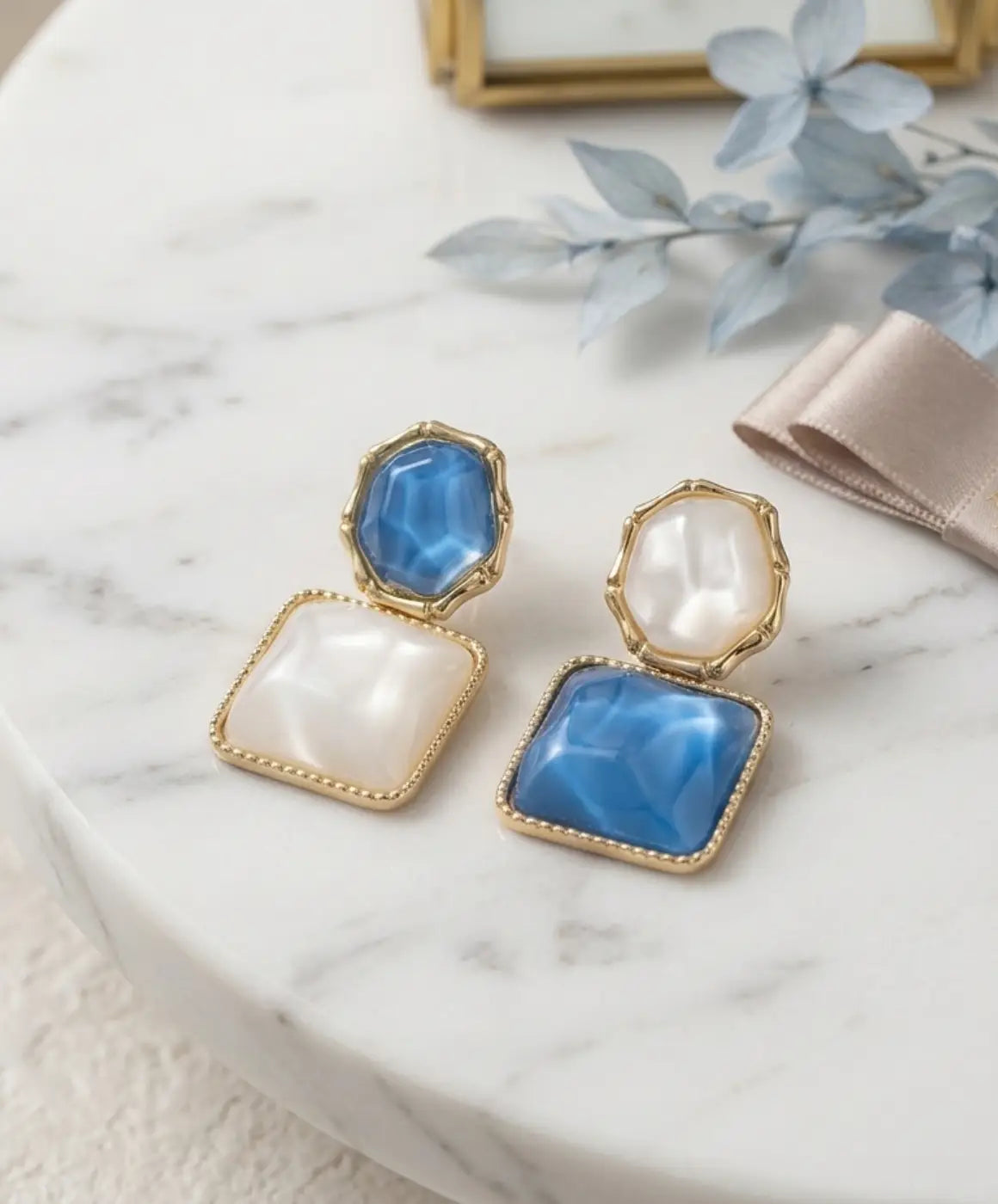 Elegant Blue and White Marble Square Stud Earrings for Women – Geometric Statement Jewelry