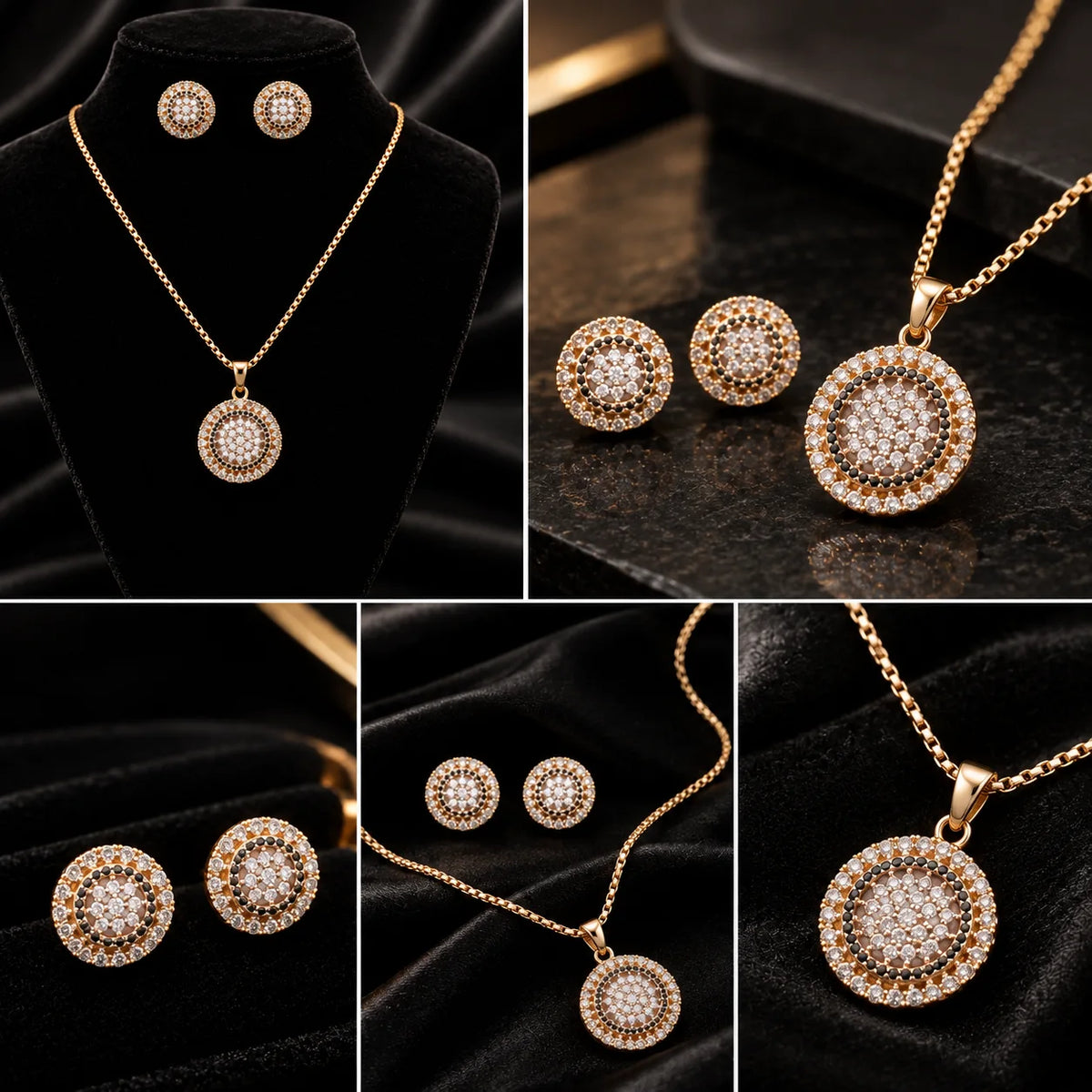 Round gold necklace with matching stud earrings