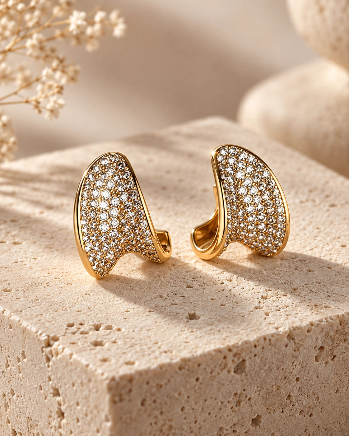Gold-Tone Crystal Statement Earrings for Women – Elegant Curved Design